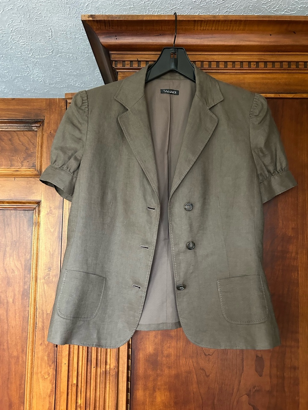 Tahari Olive/Brown Java(Neutral)Short-Sleeve Notch-Lapel Stitching Design Blazer - Picture 7 of 16